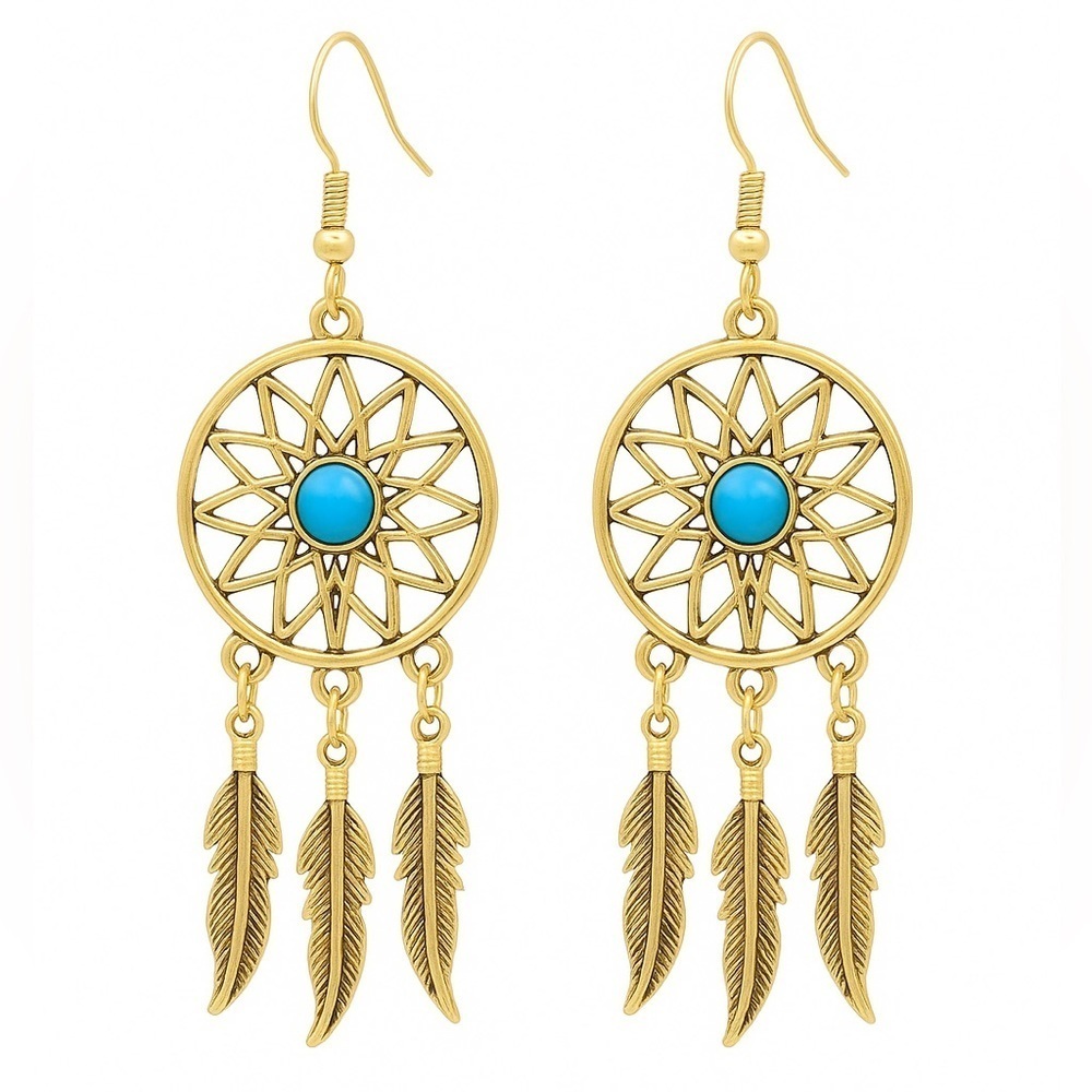 Stainless Steel Gold Tone Turquoise Dreamcatcher Earrings